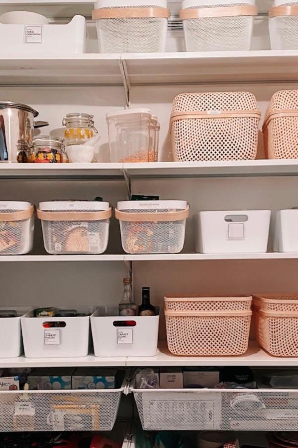 Chic mesh baskets enhance organization in pantries with sleek design.