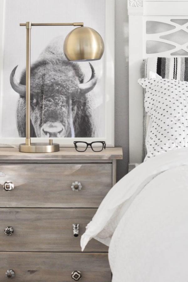 Gray nightstand with crystal drawer pulls showcasing creative ikea dresser hacks & ideas from @ikeahackersofficial bedroom styling.