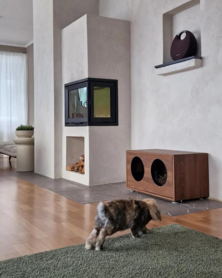 Walnut-stained rabbit hutch from @iamkjowel positioned beside modern fireplace with bunny exploring nearby.