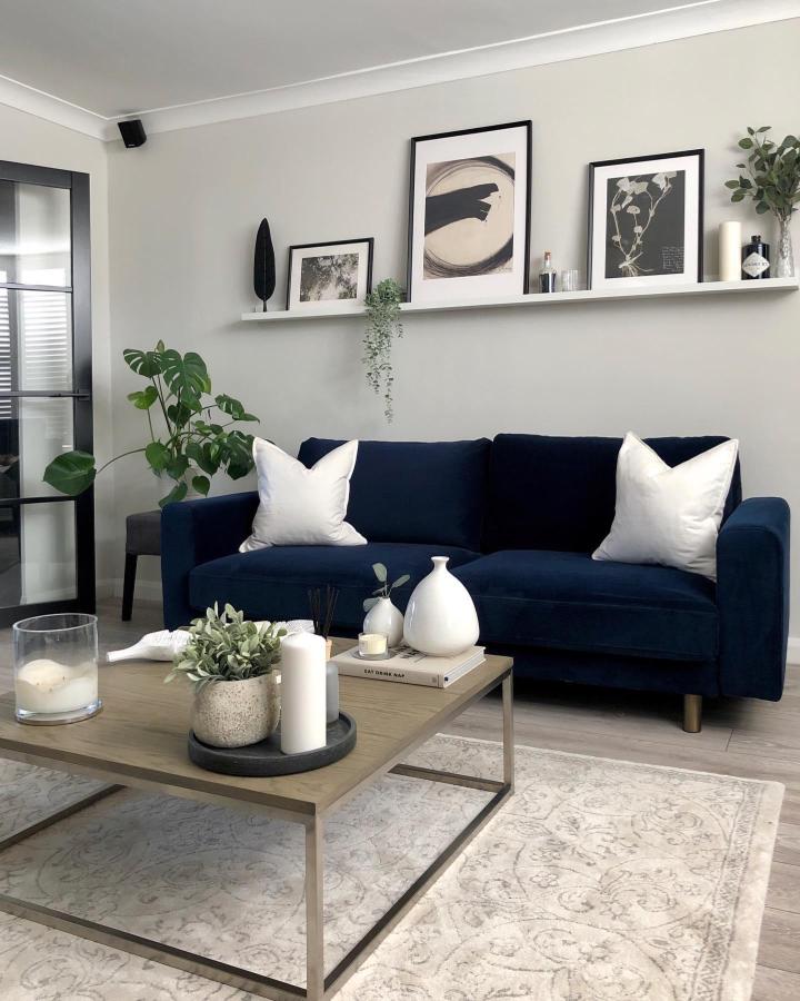 Modern navy sofa with white floating ledge displaying framed artwork and trailing plants from @karlylouise_x.
