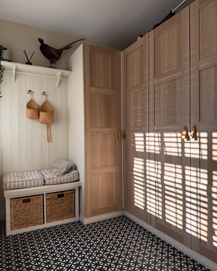Natural oak shaker panel wardrobe doors with best ikea pax wardrobe hacks & ideas from @thehouseof_rae in sunlit entryway