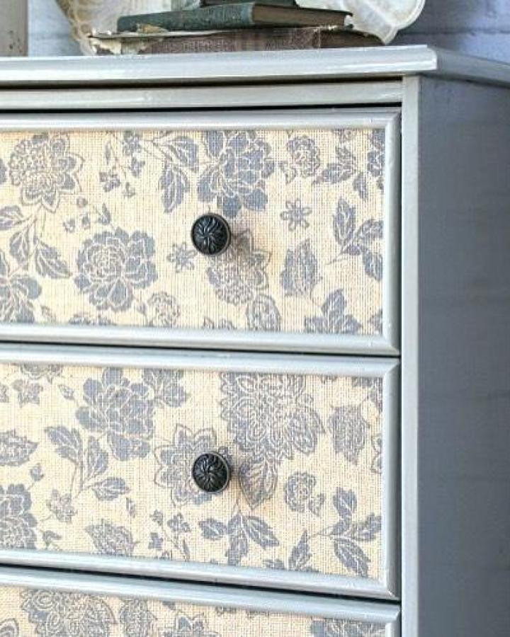 Floral burlap dresser from @canarystreetcrafts showing creative ikea rast hacks & ideas with vintage-inspired fabric panels.
