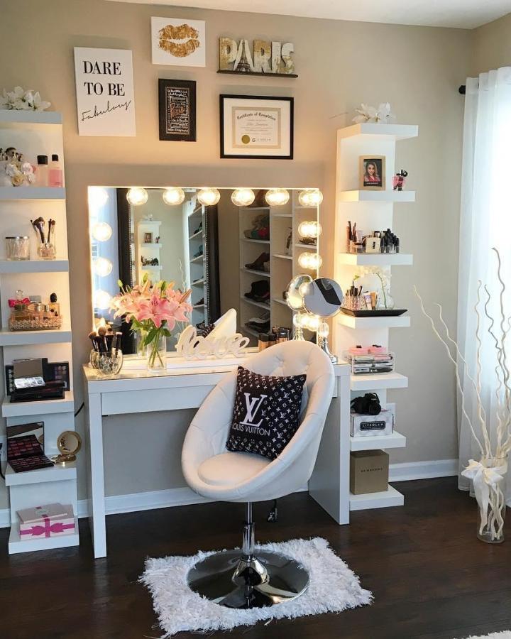 White vanity setup from @lovelilia_mua showing creative ikea vanity hacks & ideas with corner shelving storage.