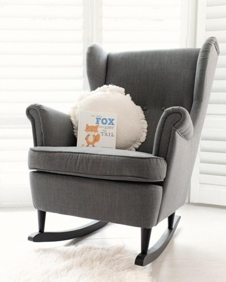 Gray wingback rocking chair from WoodThingsAU with ash wood curved rockers in bright nursery setting.