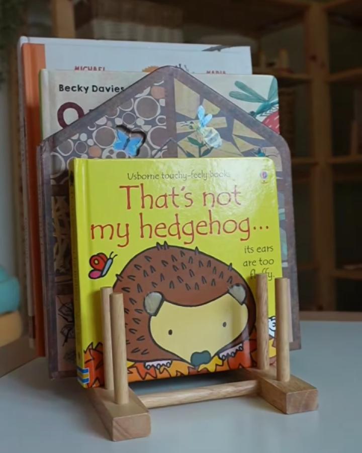 Bamboo book holder from @playdayswithjess displaying colorful children's books with hedgehog cover prominently featured.