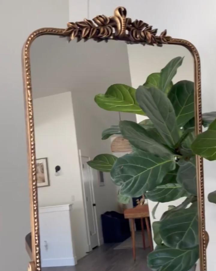 Bronze ornamental mirror from @sarahflipsit with decorative metal overlay and fiddle leaf fig reflection.