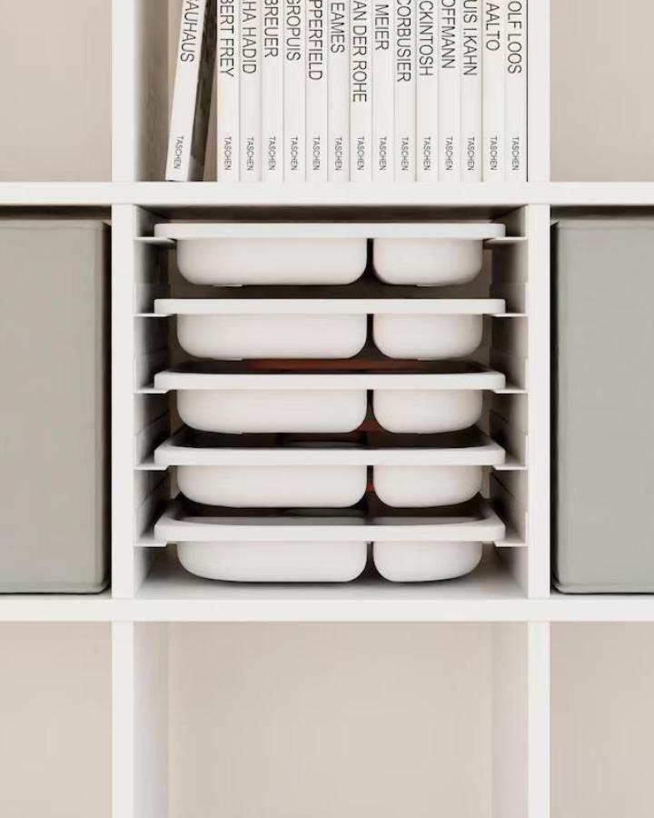 White Trofast drawer system from ClutterCover. Stacked neatly in Kallax cube organizer.
