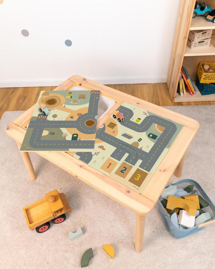 Natural wood Ikea Flisat table from @limmaland with illustrated city road play mat and toy cars.