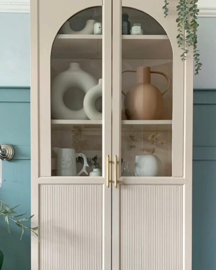 beige arched glass door ikea billy bookcase hacks & ideas from @crack_the_shutters with textured lower panels and gold handles
