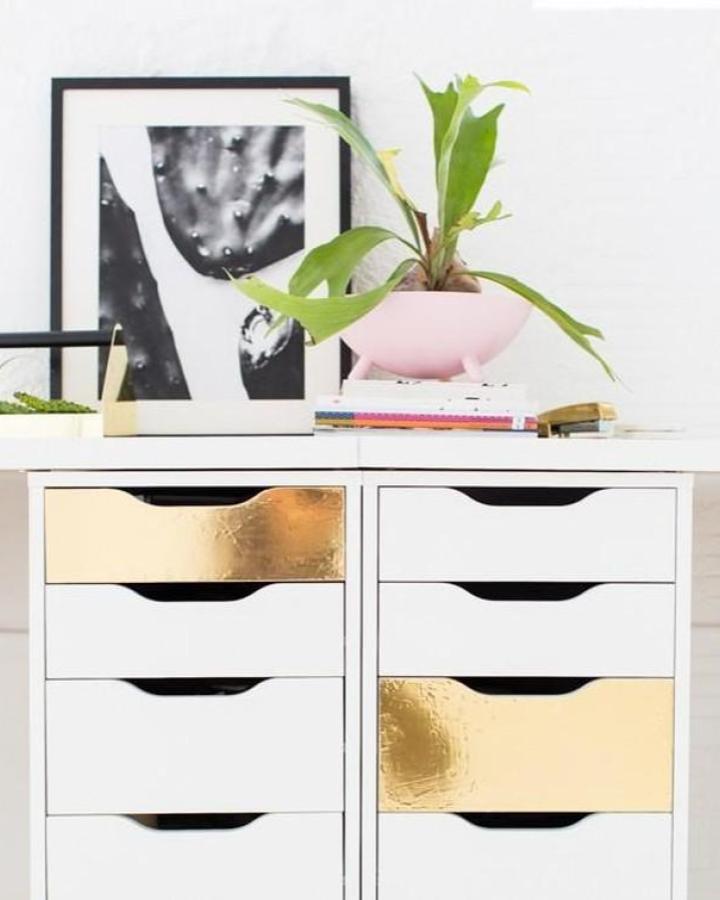 white and gold foil Ikea Alex drawers hacks & ideas from @sugarandcloth with modern art and pink planter on top