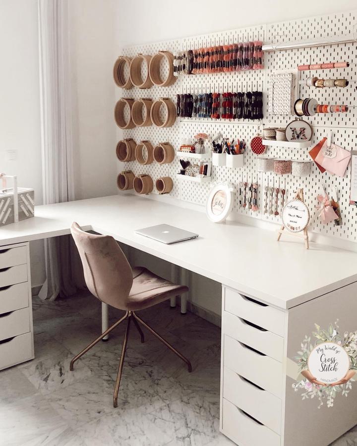 White Ikea Alex drawers and Skadis pegboards sewing room setup from @myworldofcrossstitch with embroidery hoop storage and thread display.