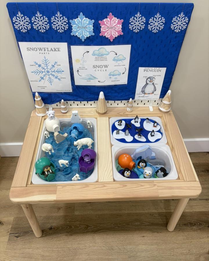Natural pine wood water play table from Mini Locke with arctic-themed bins and educational snow posters ikea flisat table hacks & ideas.