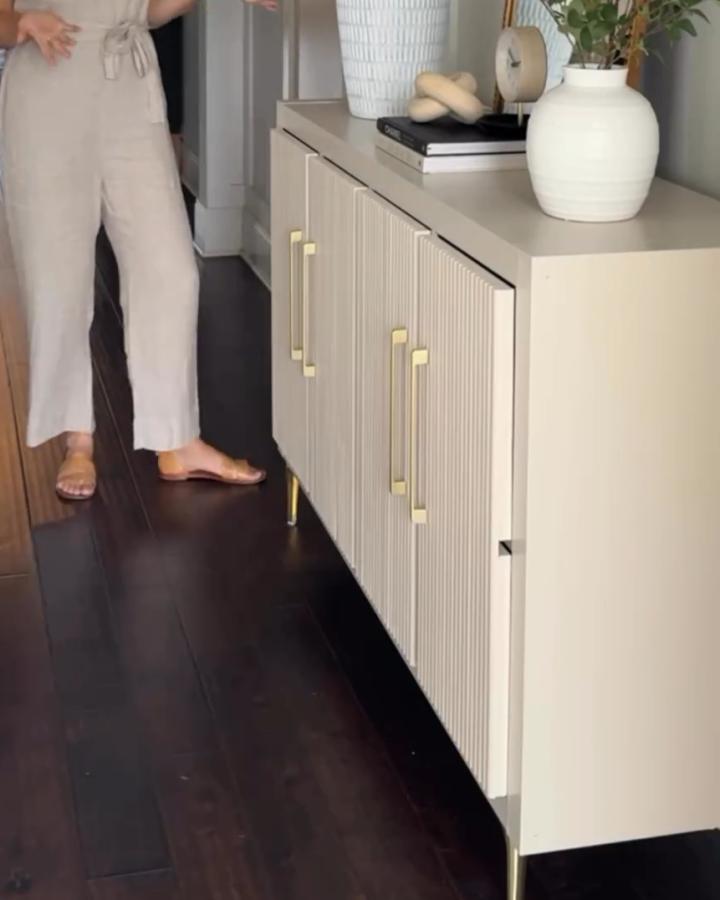 Beige ribbed door ikea kallax makeover ideas with brass handles and legs from @pretty_distressed. Stylish mid-century modern upgrade.