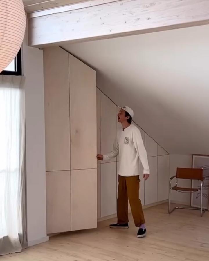 Light wood veneer seamless slanted ikea platsa hacks for awkward alcoves in a minimalist cozy room by @pinepins