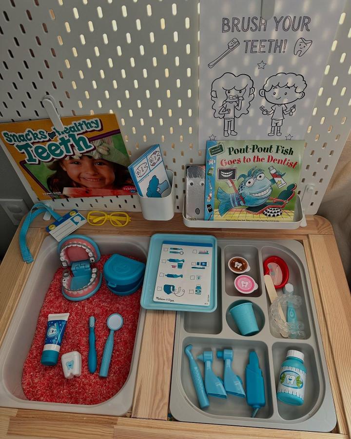 Colorful dental-themed sensory table with books, tools, and red rice from @creativeplayforlittles. Ikea flisat sensory table ideas.