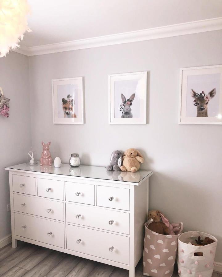 white HEMNES dresser styled in a nursery room from @themetallichome with soft toys and pastel accents ikea hemnes nursery ideas