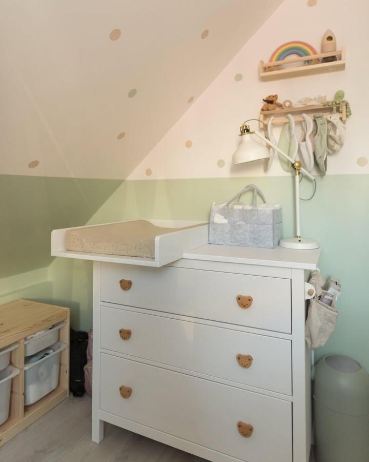 white Ikea Hemnes dresser with bear handles in soft green nursery by @ledaboss playful and cozy ikea hemnes nursery ideas setup