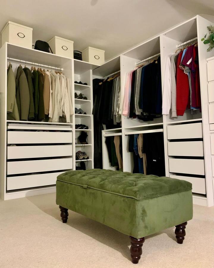 green velvet tufted ottoman in ikea pax dressing room ideas by @greenbankcottage with white wardrobes and organized clothes