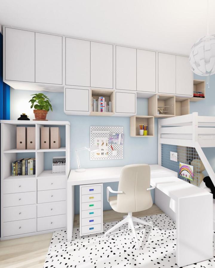 White and light wood kids workspace with colorful drawer fronts from @spokovpoko. Organized Ikea Platsa storage and desk area with playful accents.