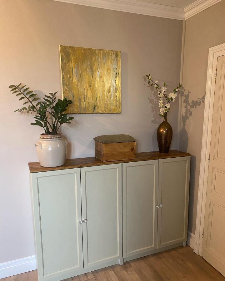 Soft green painted door cabinet with wood top and decorative knobs from @louiseashton_next_chapter. Elegant closed storage with natural accents.