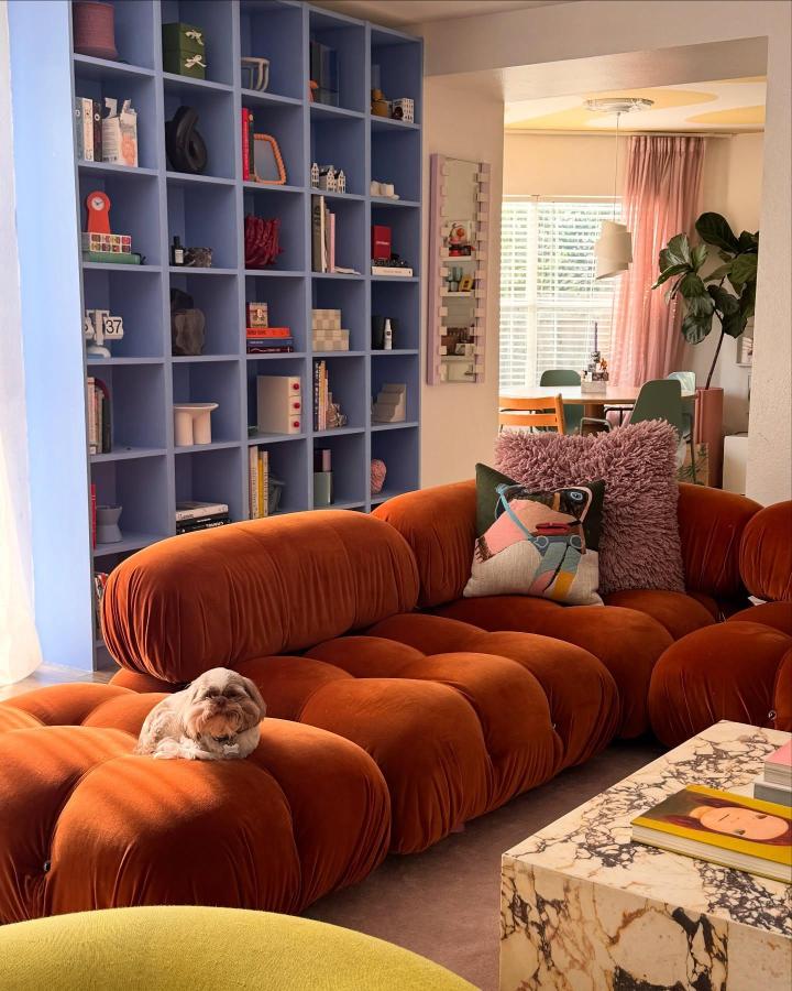 Bright blue cubed storage wall with 29 compartments from @sareish styled next to a burnt orange sofa in living room space.