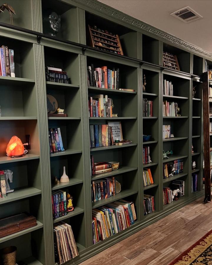Olive green custom trim bookshelf wall with warm styling and diverse decor from @the.sarah.will. Elegant and inviting space.