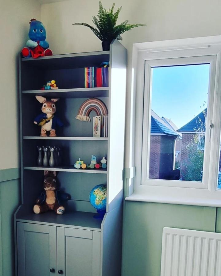 Soft green painted cabinet and shelves in children's room by @redrow_oxford_no3 with toys and plants for cozy storage.