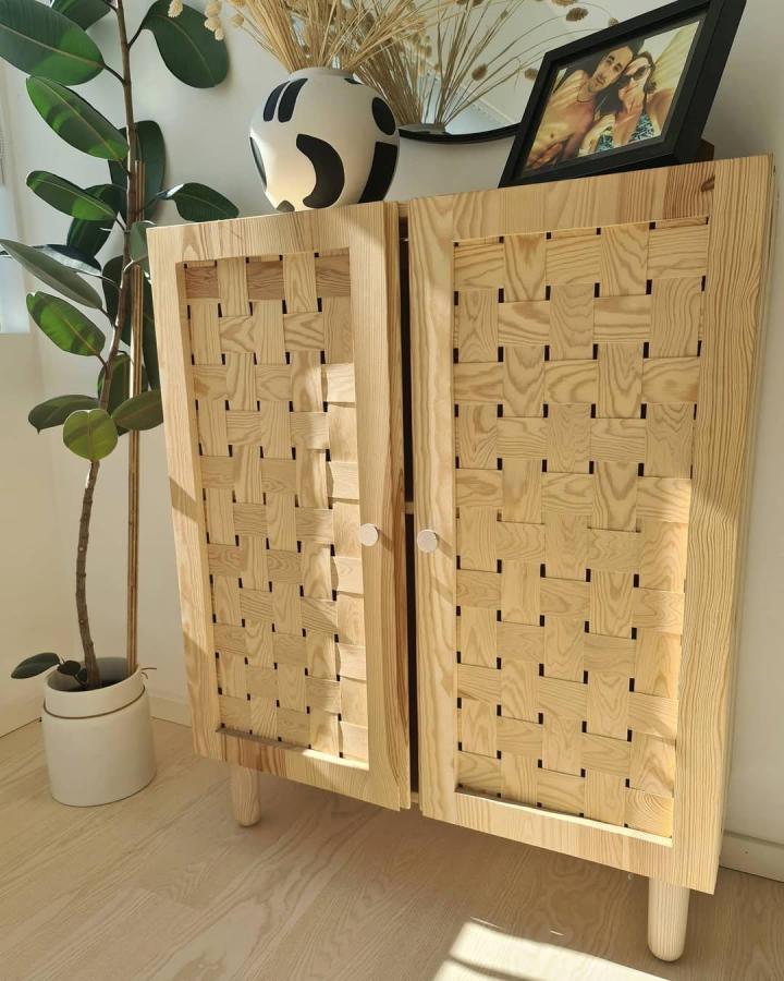 Natural pine woven wooden grid cabinet doors from @hemmahosperez showing creative ikea ivar door hacks with glued wood panels.