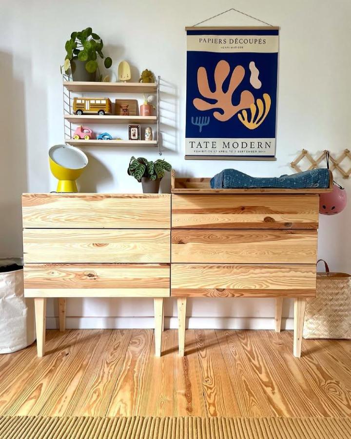 Natural unfinished pine wood dresser with legs by @villa_pocket. Clean and simple storage solution with visible wood grain detail.