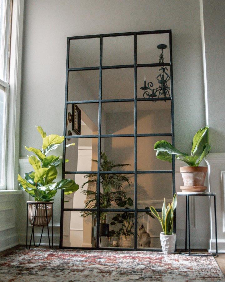 Black metal framed multi-pane mirror wall from @westonwillow_ reflecting plants and room details in a cozy space.