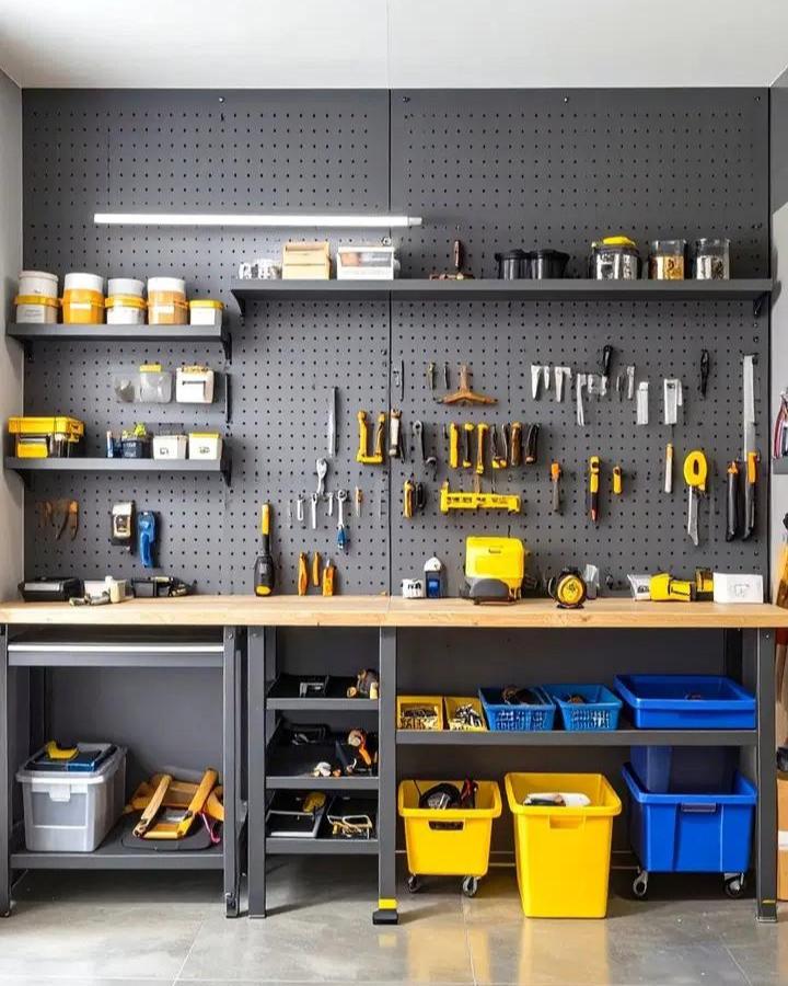 Gray SKÅDIS pegboard wall with yellow and blue bins in a garage workspace from We Love Home Blog showcasing ikea garage storage ideas for tool organization and neat shelving.