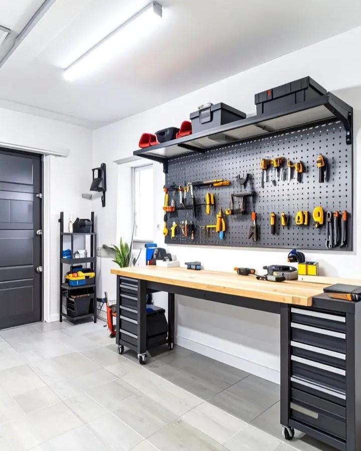 Black metal BROR shelving and pegboard garage storage from We Love Home Blog with bright yellow tools and wooden worktop ikea garage storage ideas.