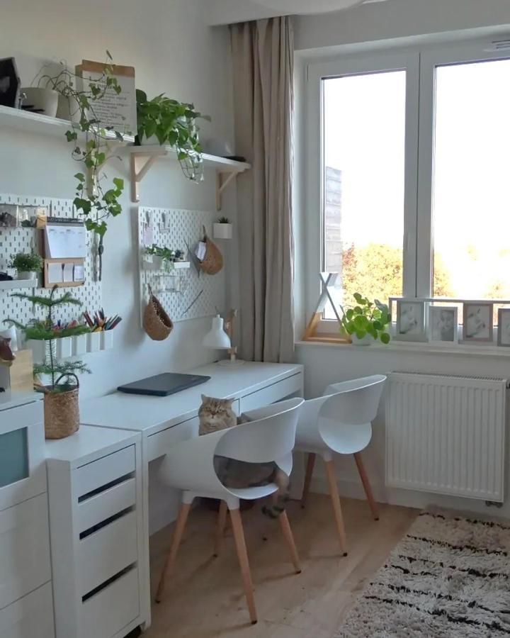 Bright white and natural wood Scandinavian style home office with pegboards from @modena.home featuring plants and minimalist storage accessories. Neat and airy workspace.