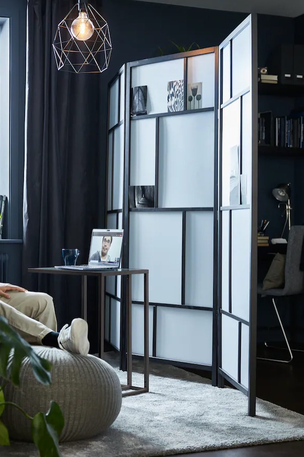 IKEA RISÖR divider with frosted panels helps select flexible room separation for a stylish home office