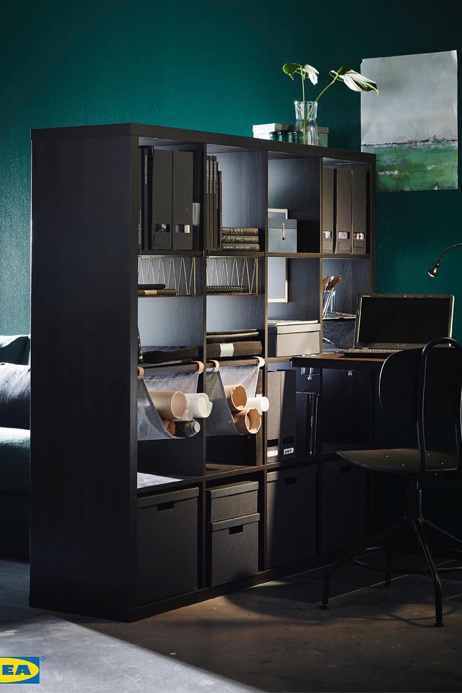 how to choose an ikea room divider with black KALLAX storage separating a home office