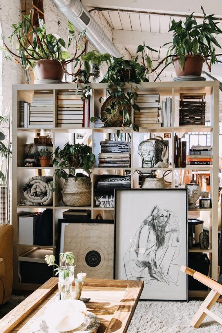 how to choose an ikea room divider with KALLAX shelves, plants, books, baskets, and framed artwork