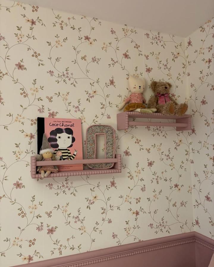 Pink painted Ikea Bekvam spice racks with beading detail used as nursery shelves by @the.dobsonhome, holding toys and books.