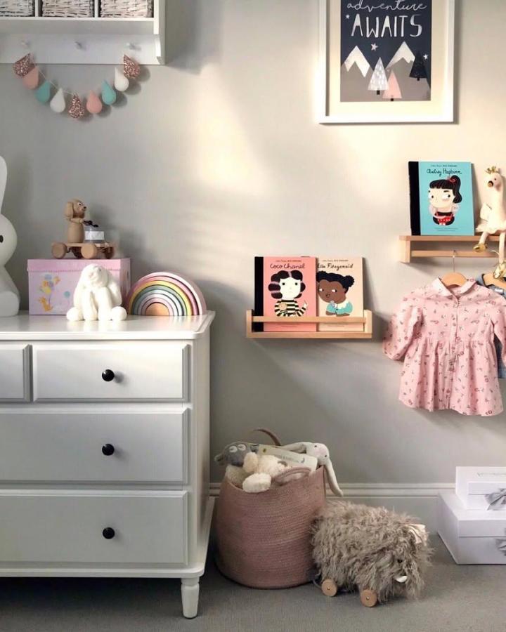 White painted Ikea Bekvam dresser styled with pastel decor and wooden shelves in a cozy baby room by @gemmamgoldsmith. Soft storage and playful accents.