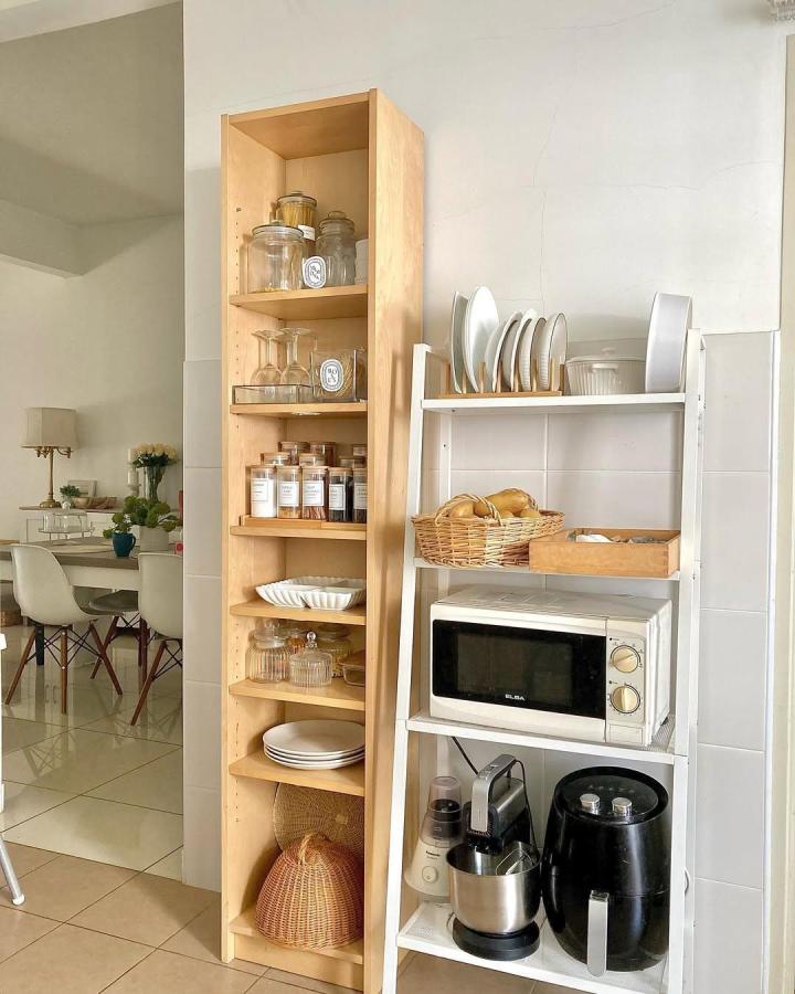Natural wood Ikea Billy pantry ideas with white Lerberg shelf by @sharifahschahira featuring kitchen storage and organized shelves.