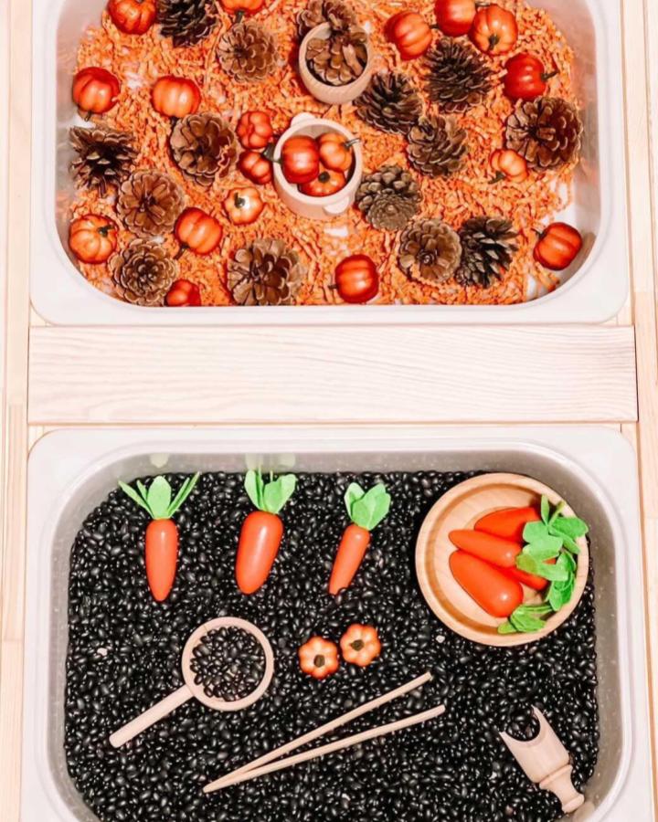 Orange rice sensory bin and black bean tactile bins with wooden toys on IKEA FLISAT table by @littlehands.exploreministry. Autumn themed play area.