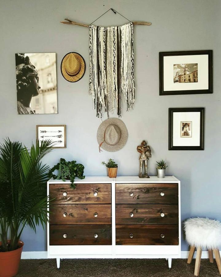 Stained wood and white Ikea RAST nightstand with nature-inspired decor from @2nddoorontheright showing budget-friendly rustic style.