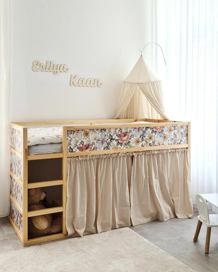 Beige floral canopy KURA bed from @ebruues. Features best accessories for ikea kura beds and a gathered skirt.