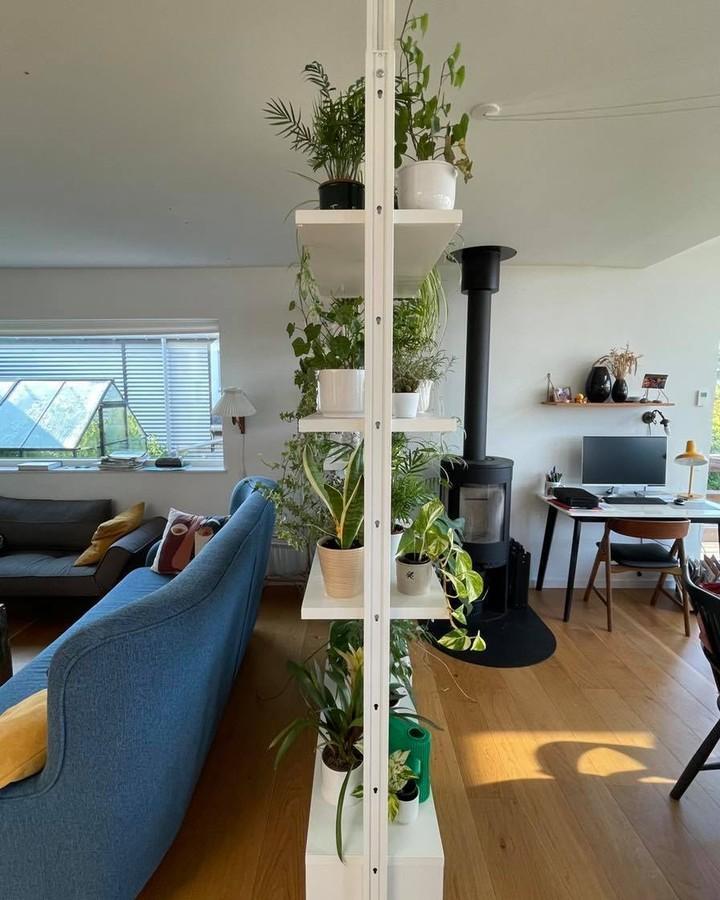 White plant-filled Elvarli room divider from @feelslikehome.dk. Open shelving separates living and office spaces.