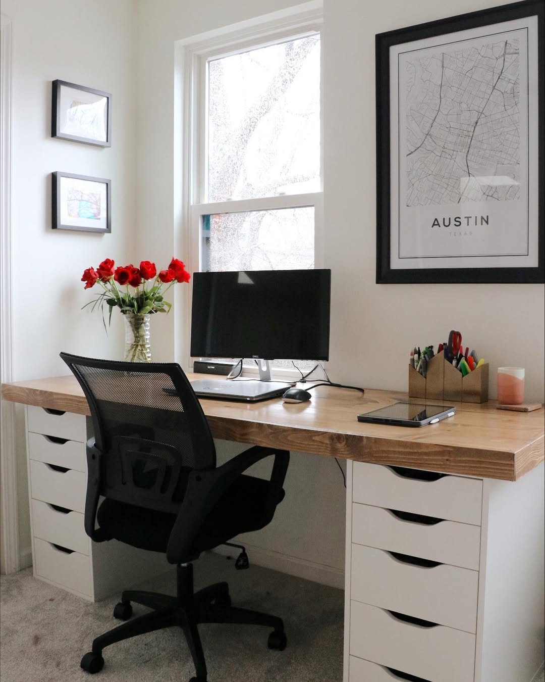 IKEA ALEX desk with custom pine desktop and white drawer units
