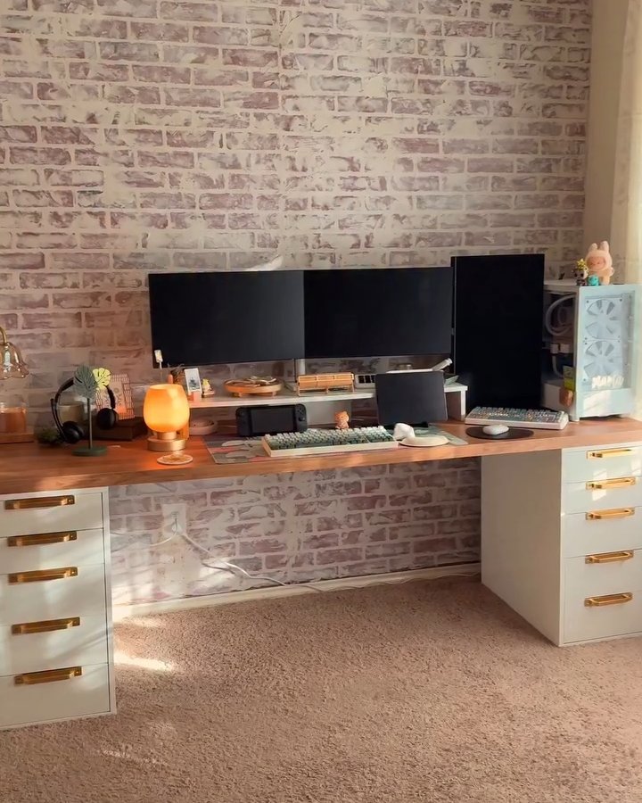 Oak IKEA SรLJAN desktop with Alex drawers, monitors, and styling for the best desktops for ikea alex desks