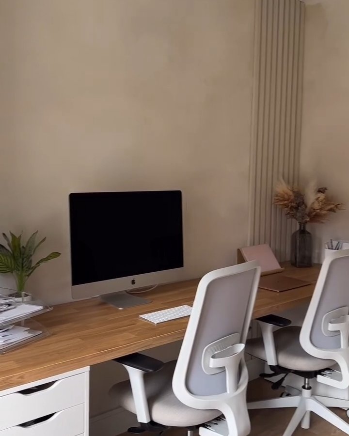 Warm IKEA ALEX desk setup with an IKEA SรLJAN wood desktop and white drawer units