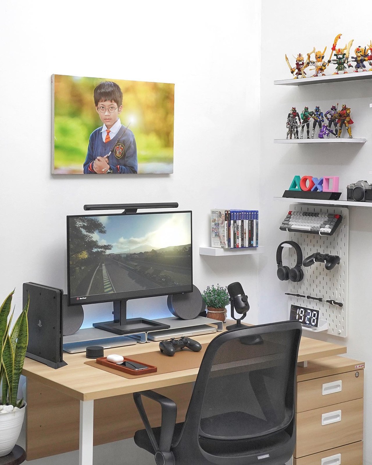 White pegboard gaming desk with organized accessories and craft room storage inspiration